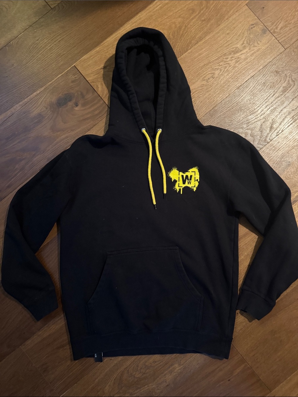 Men's Black Hoodie with Yellow Accent and Graphic